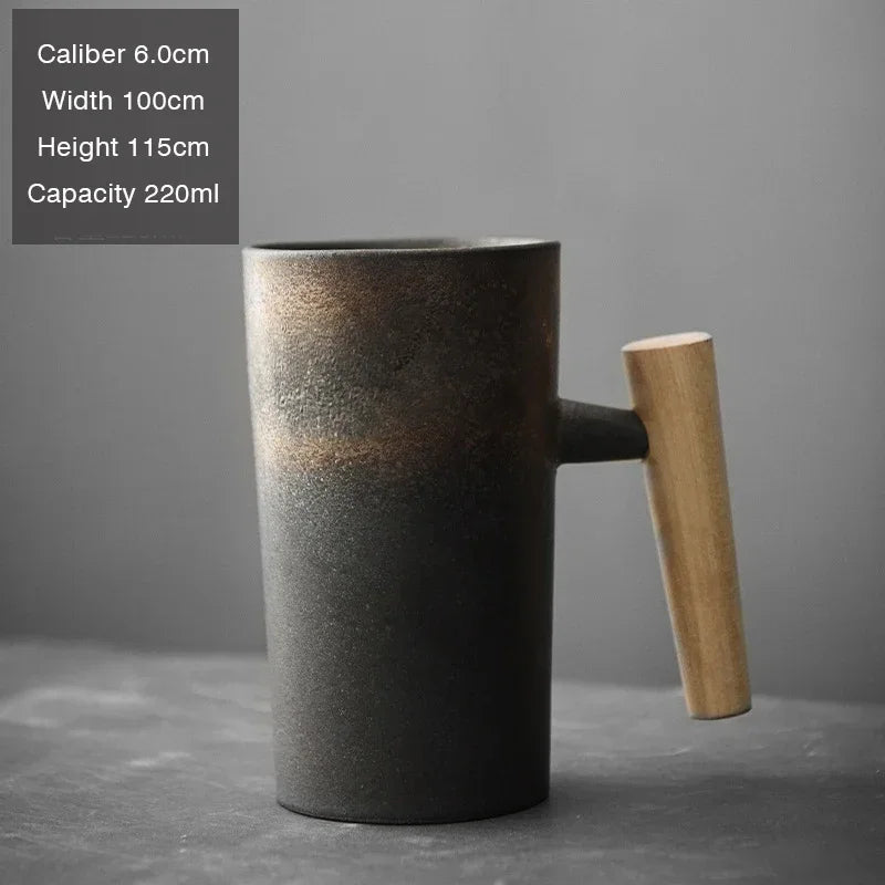 Handmade Stoneware Coffee Cup with Wooden Handle | Vintage Style Mug