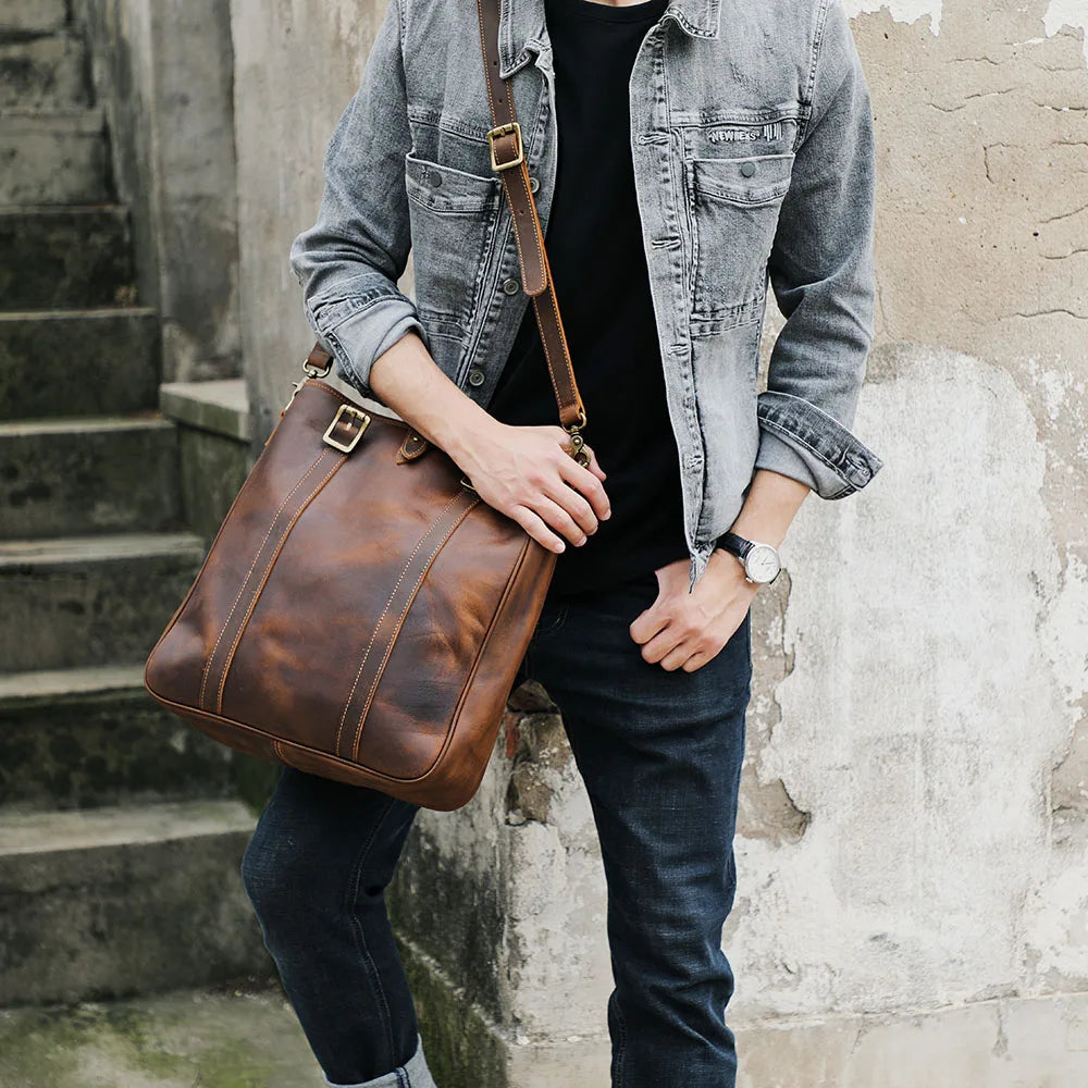Vintage Genuine Leather Tote Bag | Handmade Unisex Briefcase