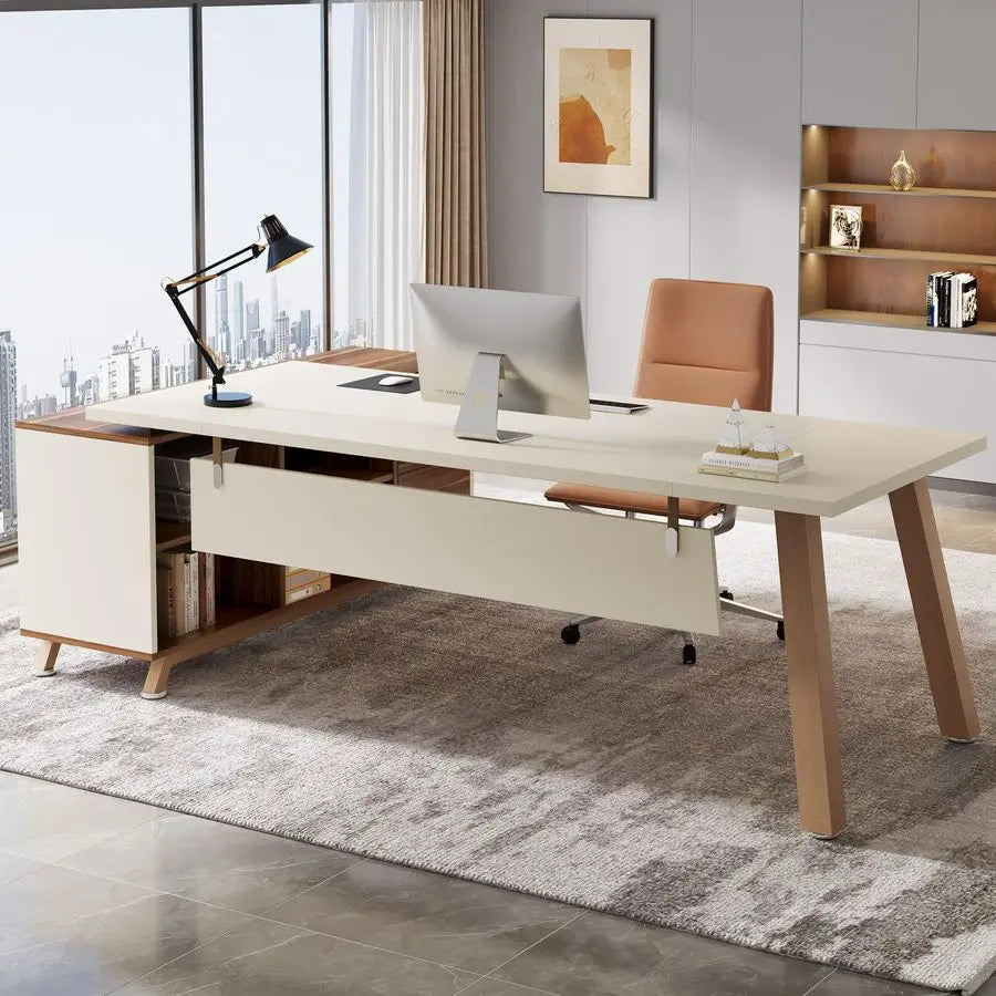 Spacious L-Shaped Executive Desk with Cabinet & Storage Shelves