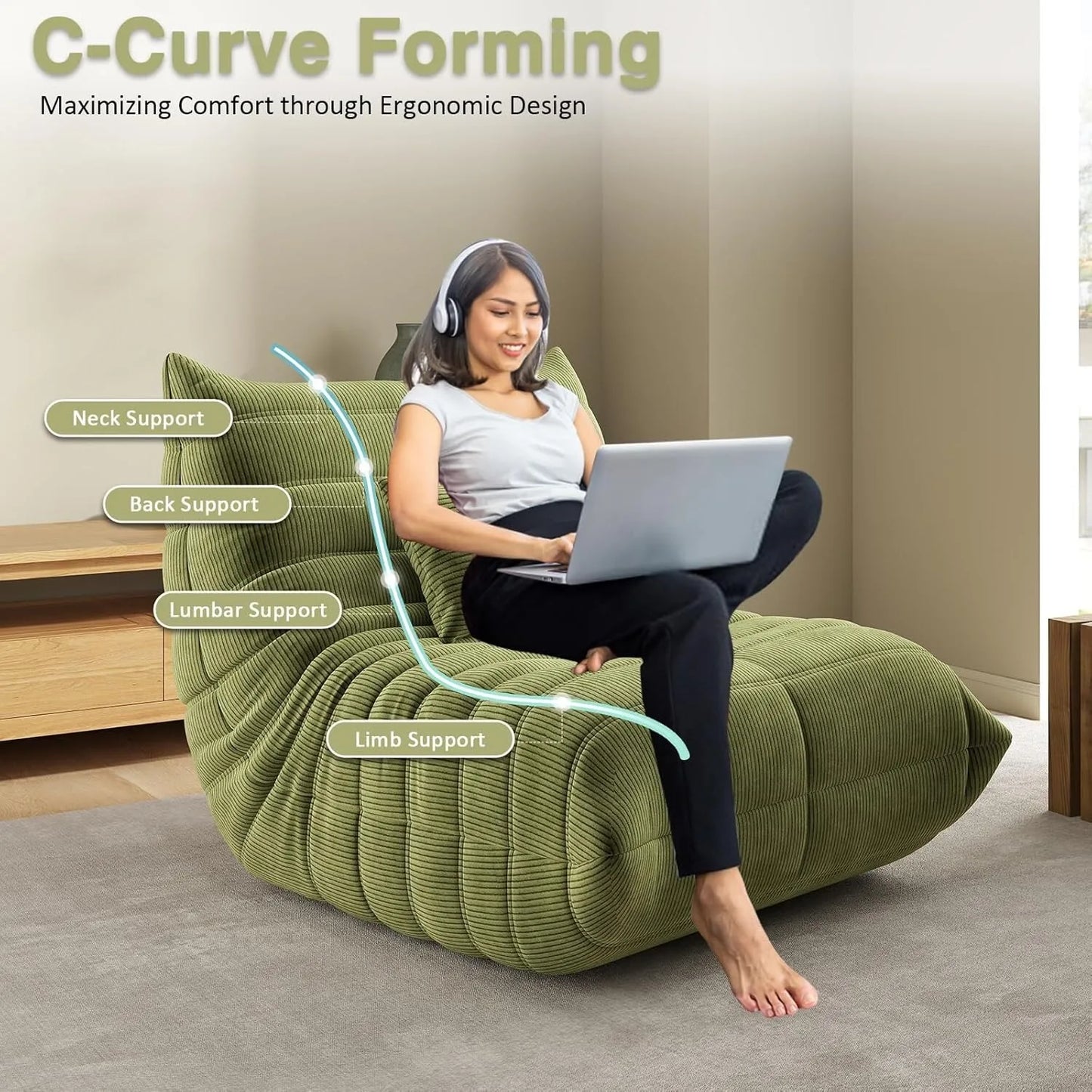 Cómodo sillón tipo puf verde | Tumbona de espuma viscoelástica