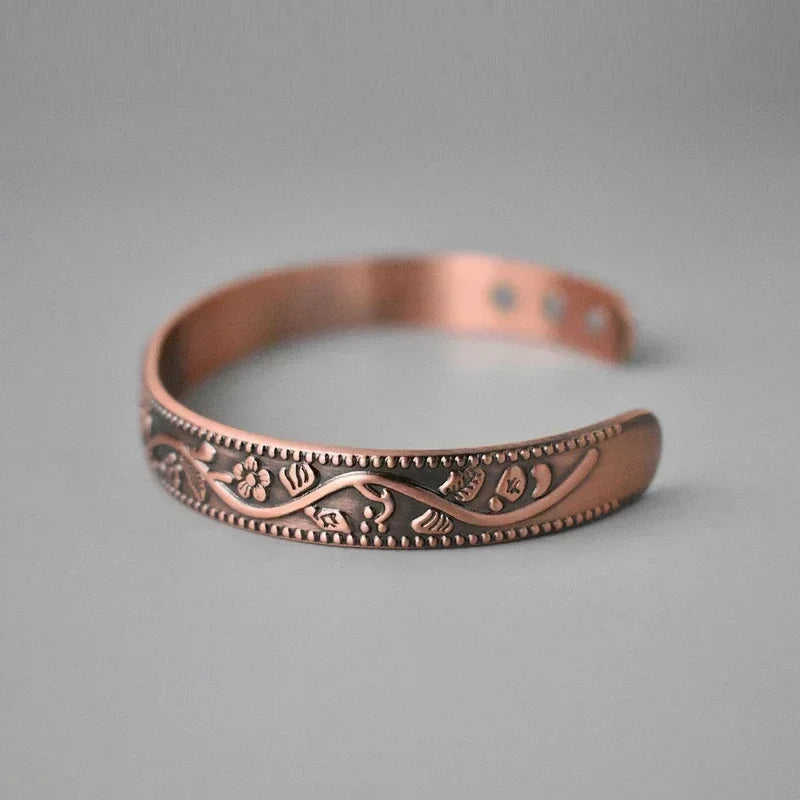 Vintage Floral Engraved Solid Copper Magnetic Therapy Cuff Bracelet