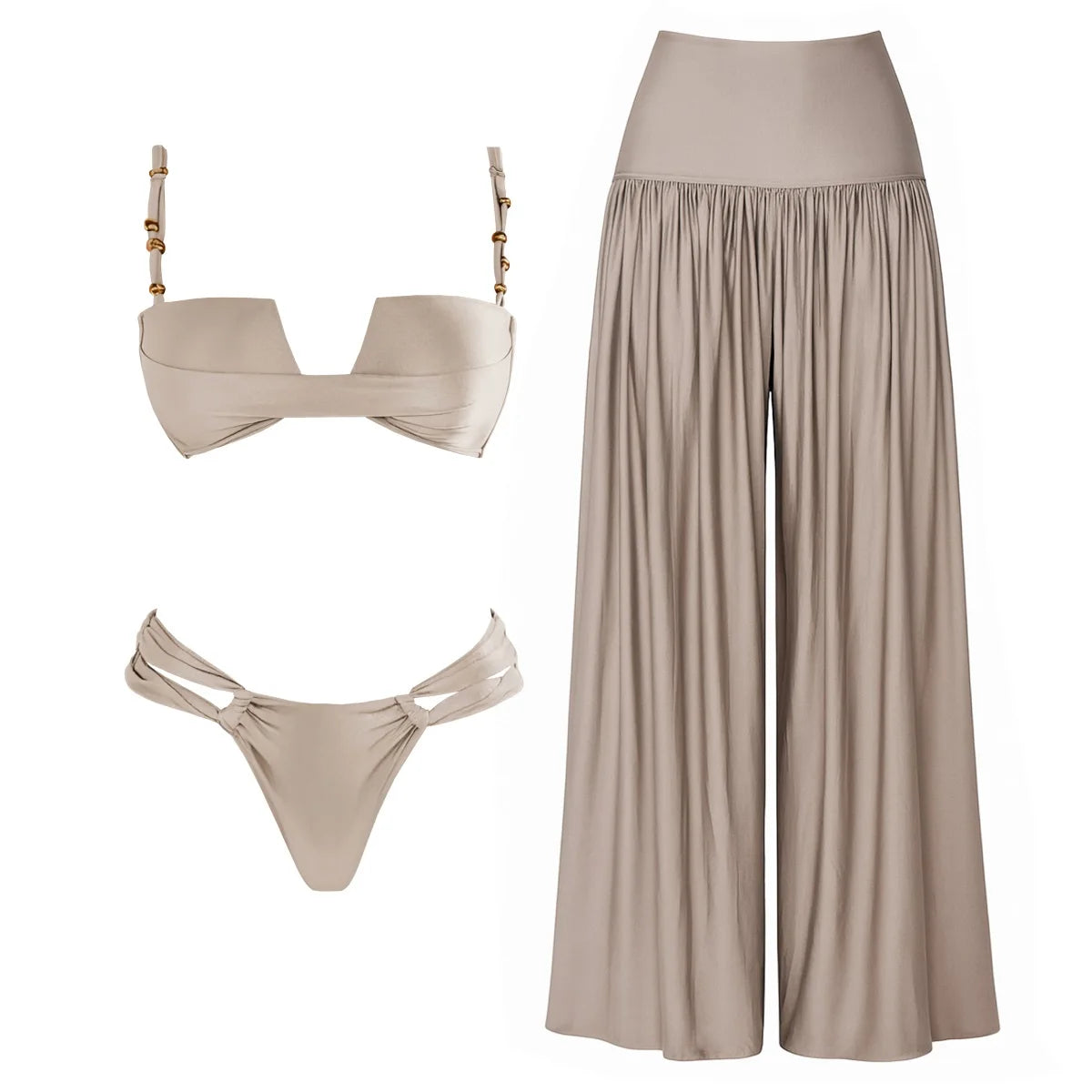 3Pcs Shiny Bikini Set | Luxury Push Up Swimwear Beachwear