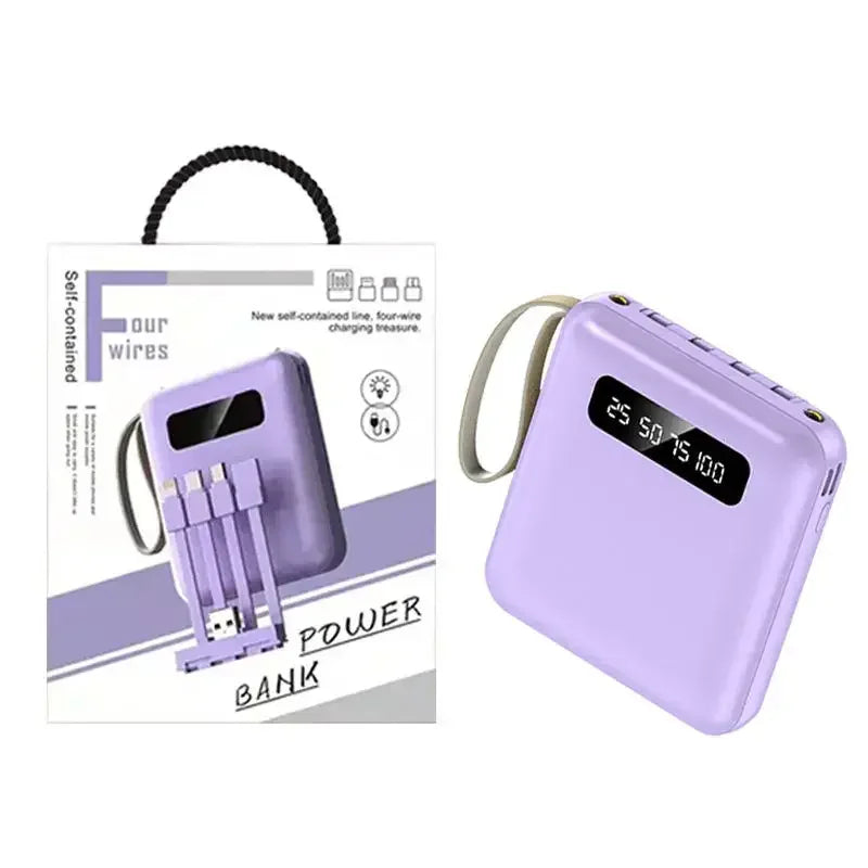 High-Capacity Mini Power Bank with LED Display & Built-in Cable