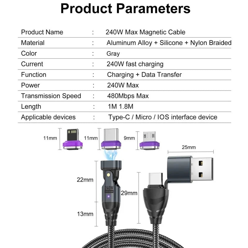 240W Fast Charging Magnetic Cable for USB-C & Micro Devices