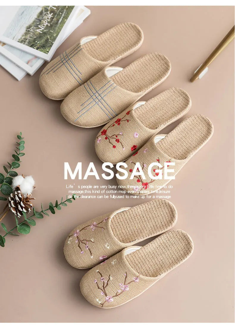 Cozy Indoor Embroidered Linen Slippers for Couples