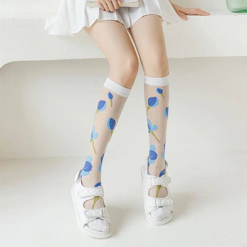 Floral Print Knee High Socks | Stylish Ultra-Thin Summer Stockings