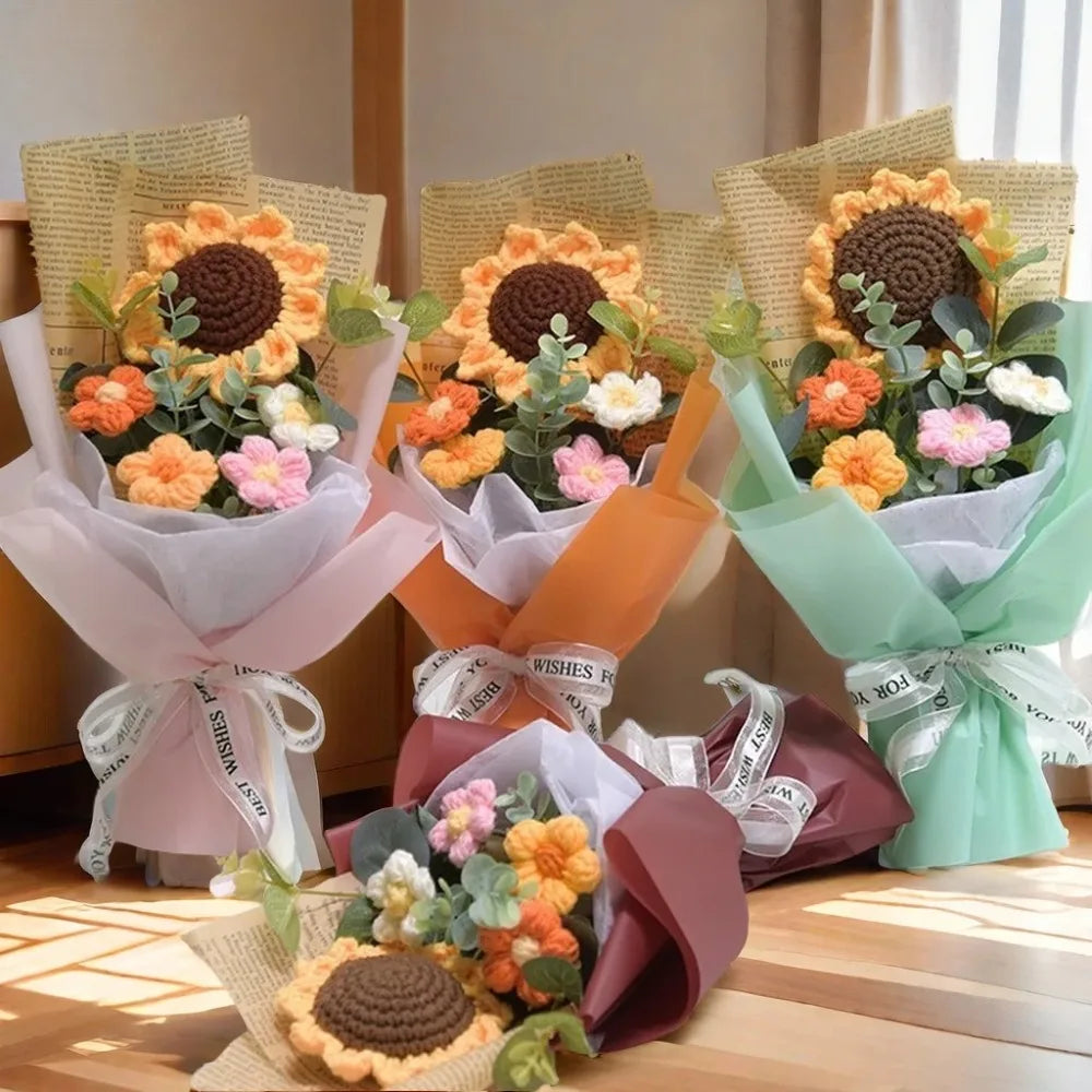 Ramo de flores de ganchillo hecho a mano | Girasol y margarita eternos de regalo