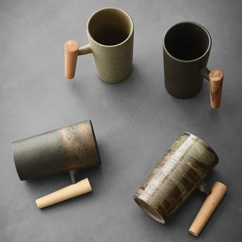 Handmade Stoneware Coffee Cup with Wooden Handle | Vintage Style Mug