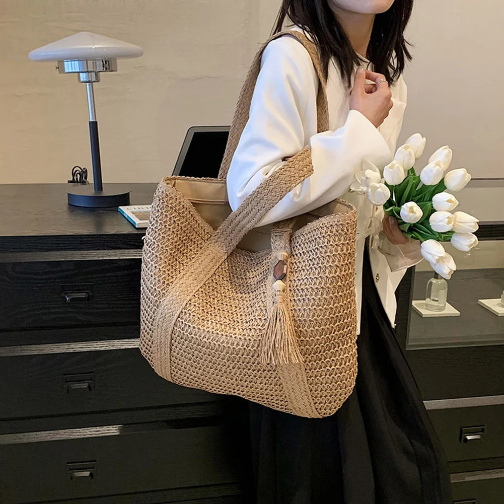 Stylish Hand-Woven Straw Beach Tote Bag for Women | Boho Chic