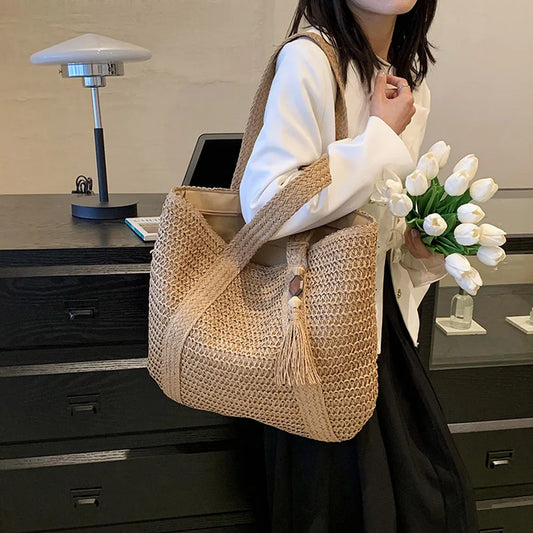 Elegante bolso de playa de paja tejido a mano para mujer | Estilo bohemio chic