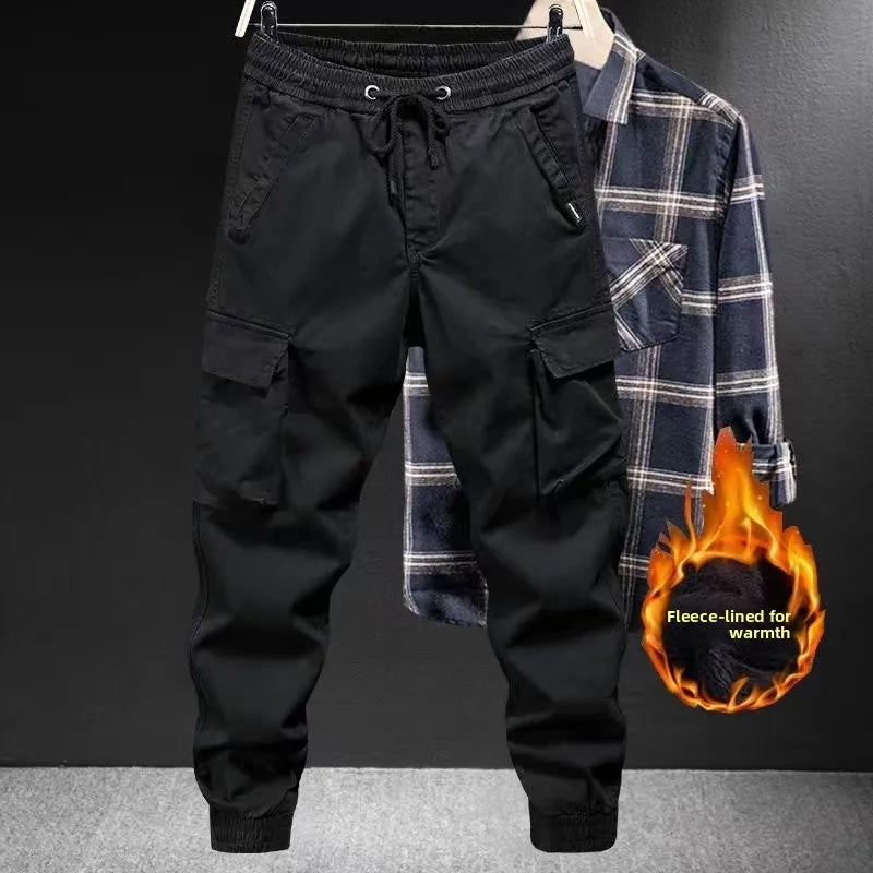 Men’s Autumn Winter Thickened Fleece Work Cargo Pants Loose Fit Wear Resistant Tear Proof Trousers with Multi Pockets