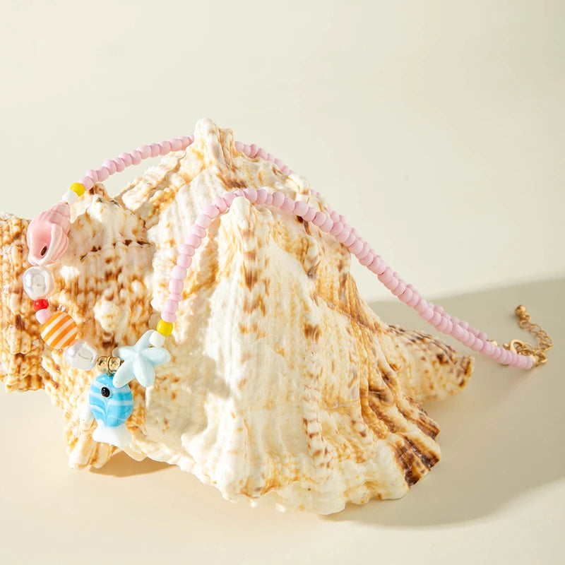 Y2K Boho Acrylic Ceramic Fish Starfish Mushroom Pendant Colorful Bead Choker Necklace For Women Beach Ocean Jewelry Accessories