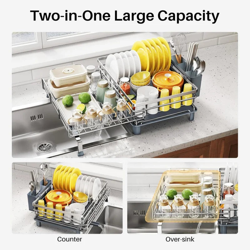 Extendable Dish Rack, Large Sink Drying Dish Drainer for Kitchen Counter, Stainless Steel Dish Strainer with Utensil Holder