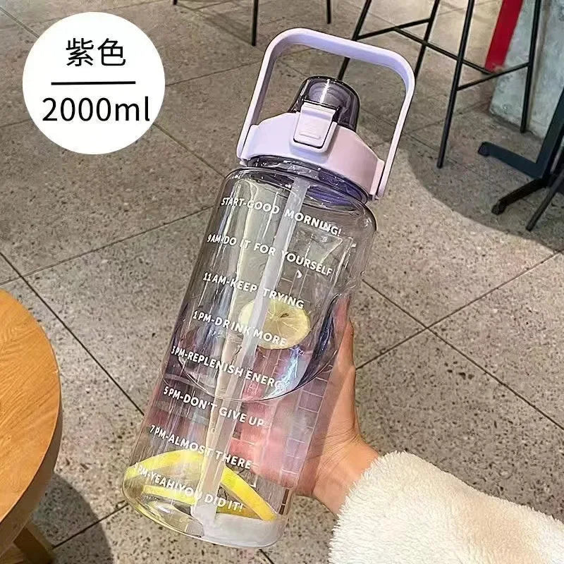2L Large Capacity Sports Water Bottle with Straw & Time Marker