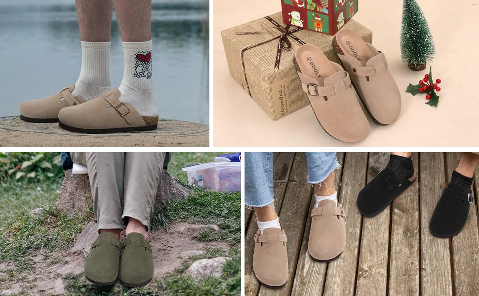 Women's Adjustable Buckle Cork Clogs | Comfortable Suede Slippers