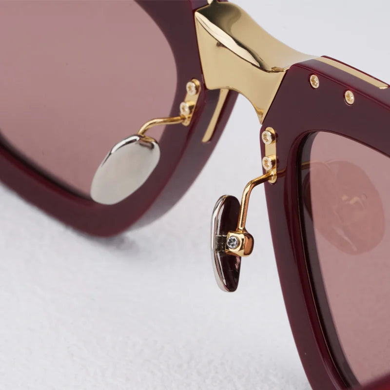 Luxurious Dark Red Thick Frame Sunglasses with Gold Details