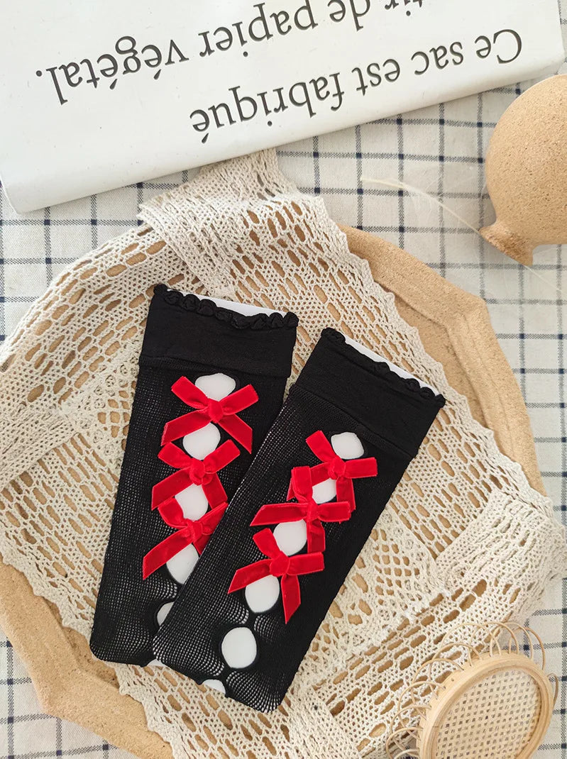 Kawaii Hollow Out Mesh Fishnet Socks | Cute Bow Long Stockings