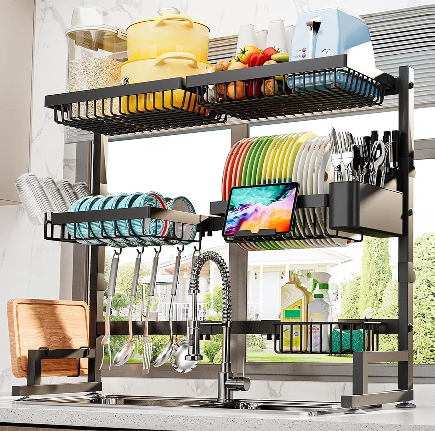 The Sink Dish Drying Rack (Expandable Height and Length) Snap-On Design 2 Tier Large Dish Rack
