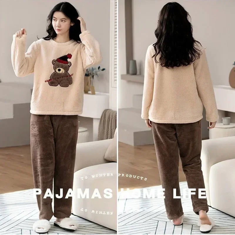 Cozy Cartoon Bear Flannel Loungewear Set for Couples
