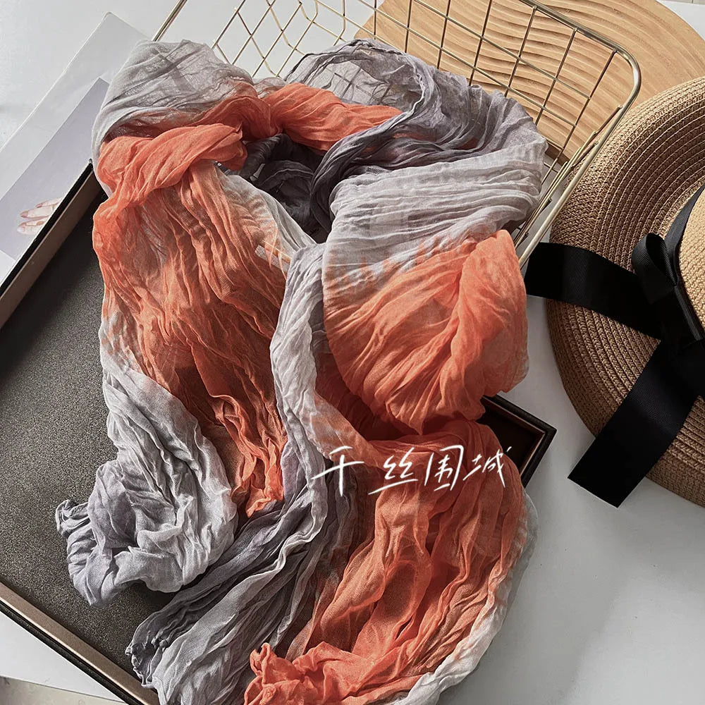 Elegant Women's Long Cotton Hemp Gradient Scarf for Winter Fashion