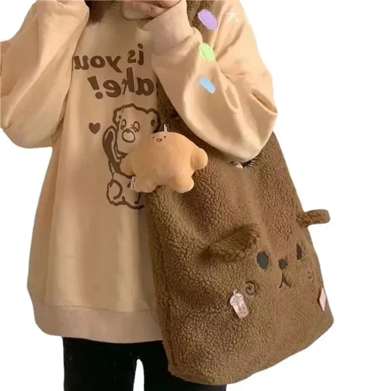Winter Soft Plush Tote Bag for Women | Stylish Cartoon Embroidery