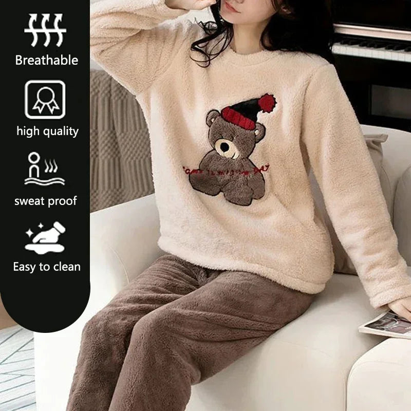 Cozy Cartoon Bear Flannel Loungewear Set for Couples