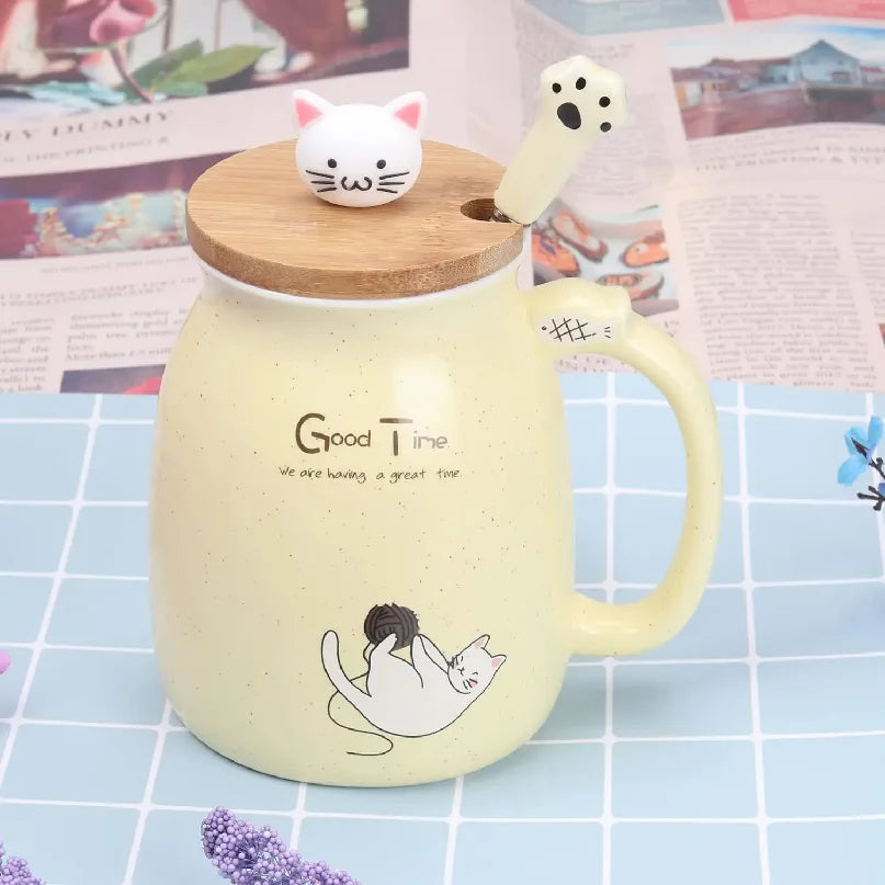 Cute Cat Ceramic Mug with Kitty Lid & Spoon | Perfect Gift for Cat Lovers