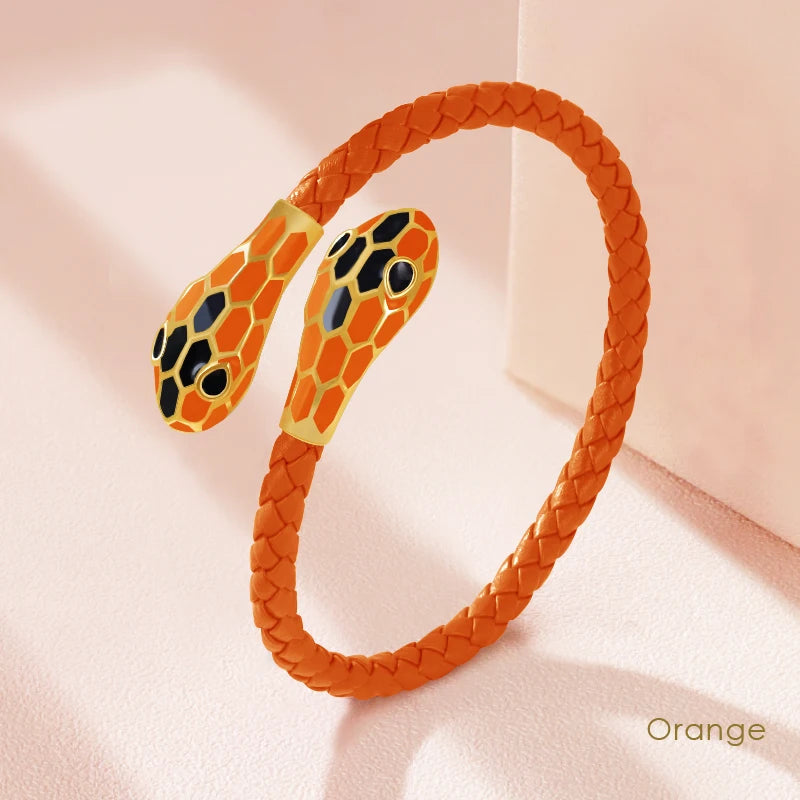 MOONLIGHT Classic Style Double Snake Head Cuff Bangles for Women Genuine Braided Leather Bracelets Female Fashion Jewelry Gifts