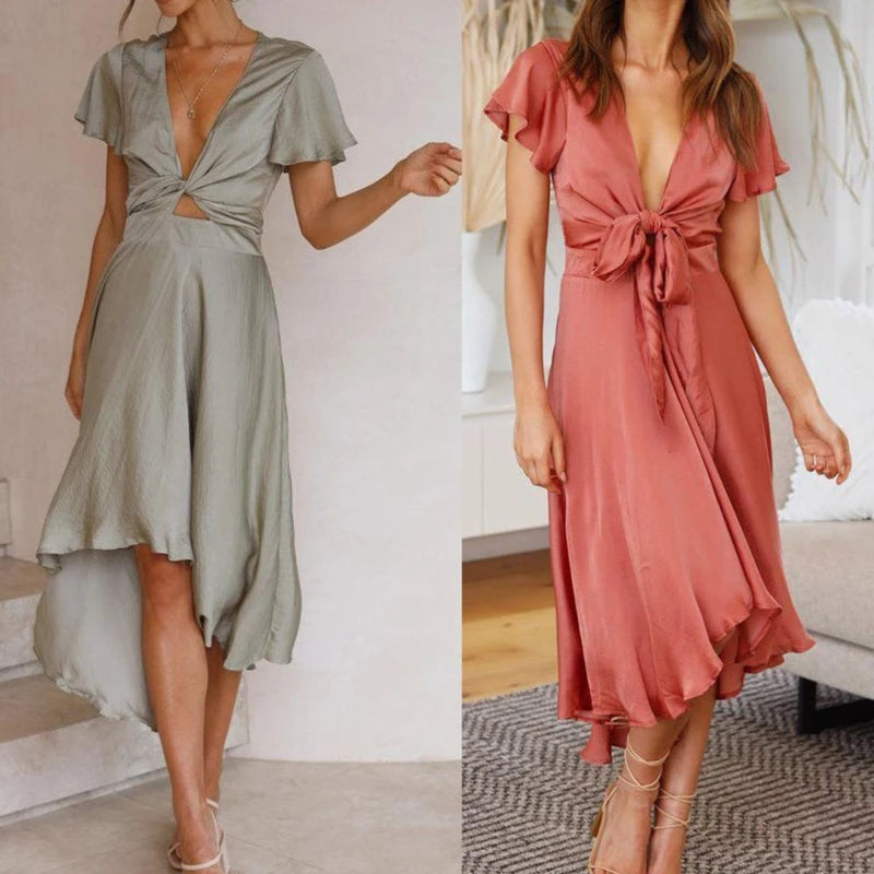 Women's Summer Satin Ruffle Midi Dress | Flowy High Low Hem