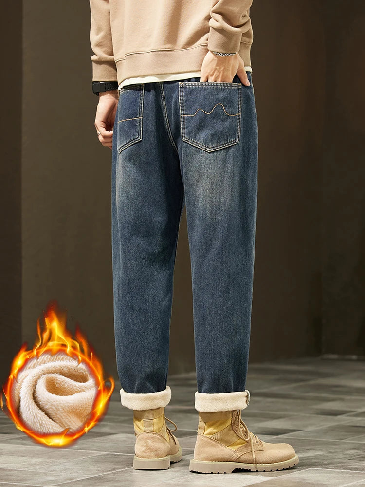 Men's Retro Loose Winter Fleece Jeans | Warm Plush Velvet Pants
