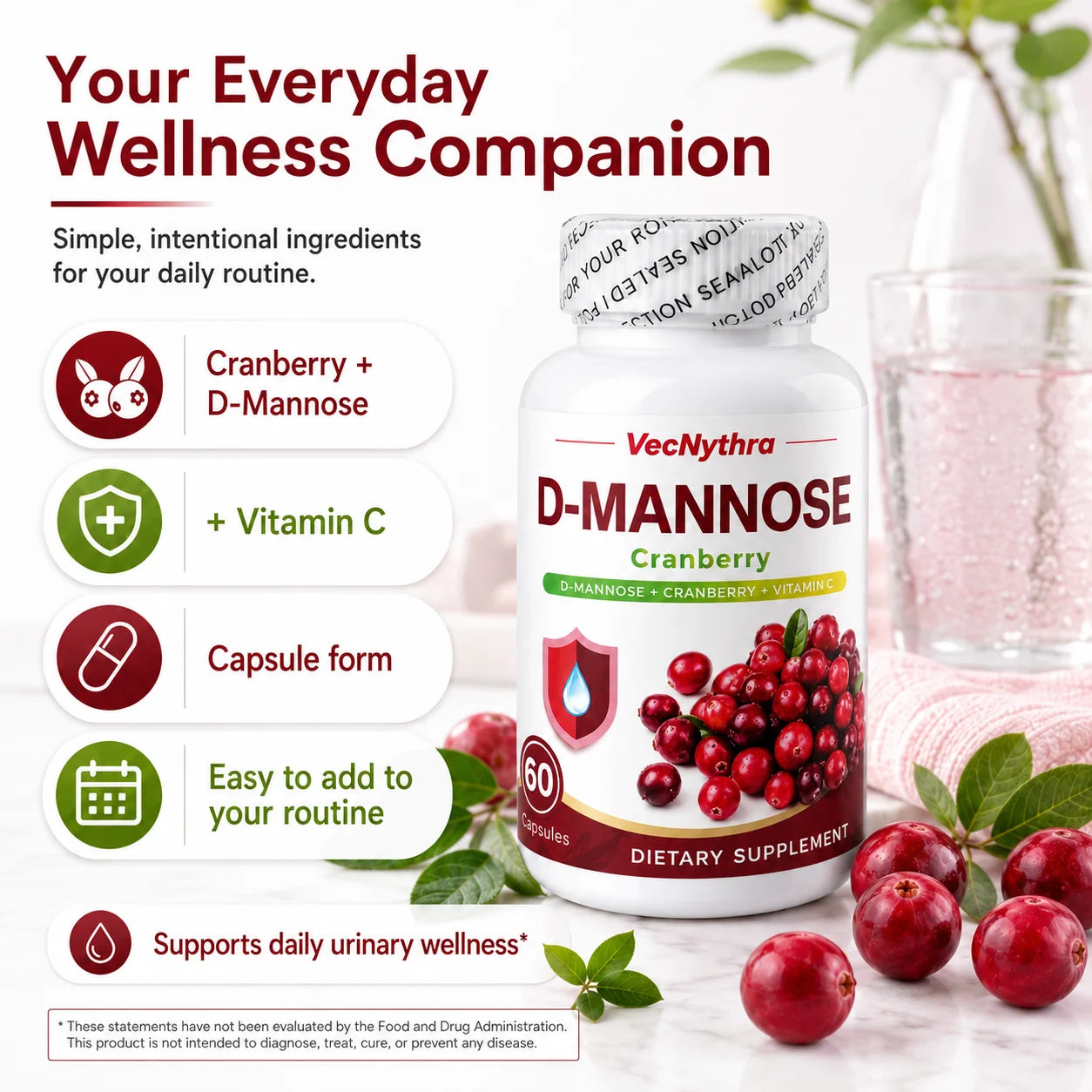Cranberry D-Mannose Supplement with Vitamin C | 60 Capsules
