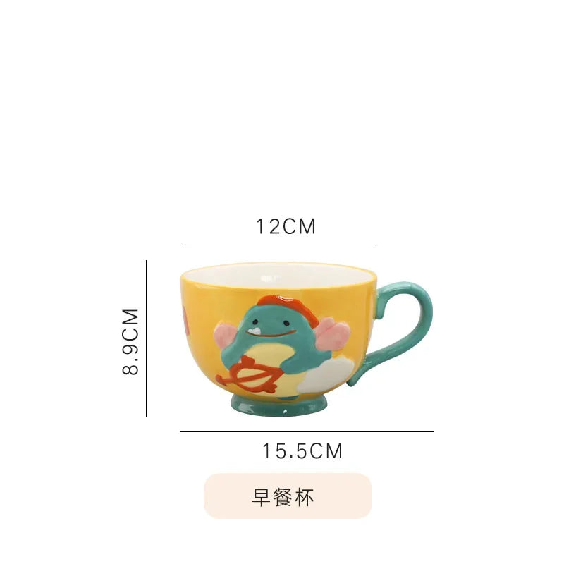 Cute Cartoon Dinosaur & Cat Ceramic Mugs | Fun Breakfast Cups