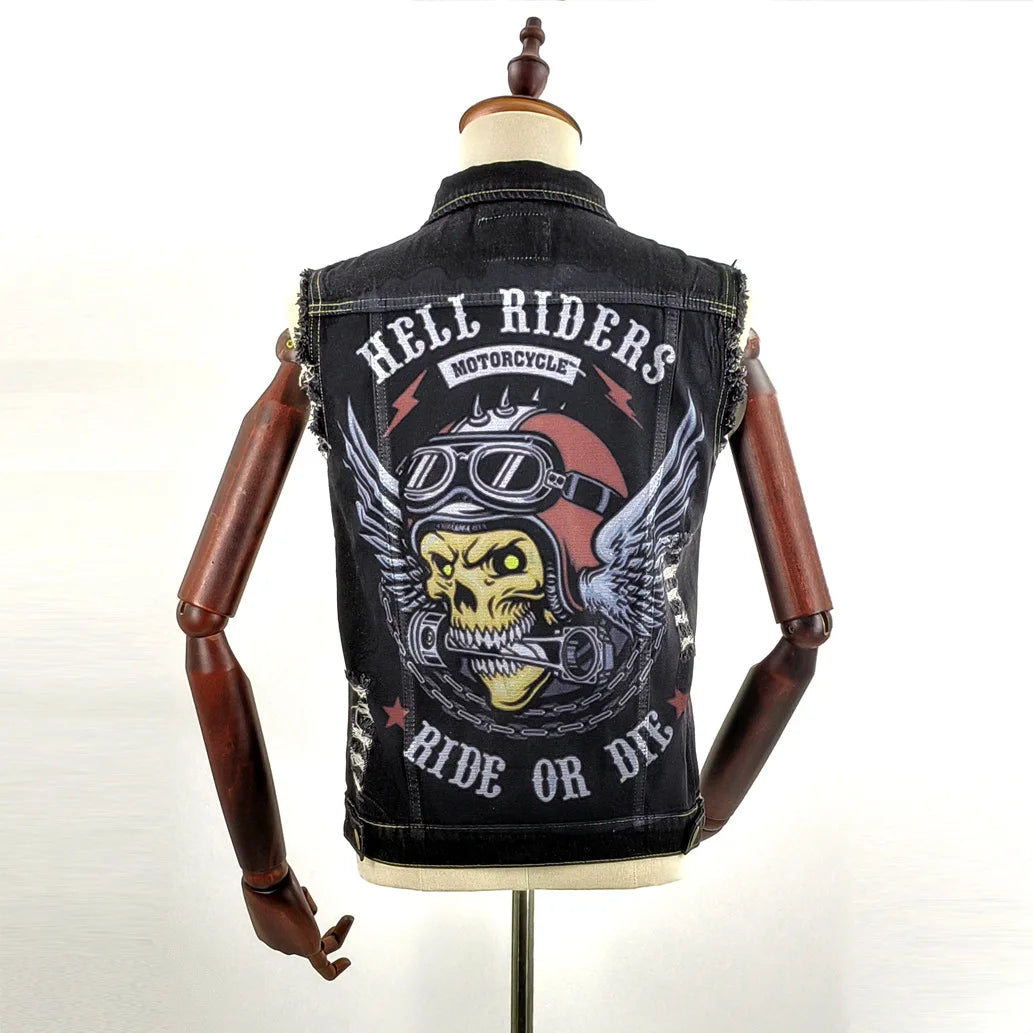 Men's Retro Denim Motorcycle Vest | Stylish Sleeveless Jacket