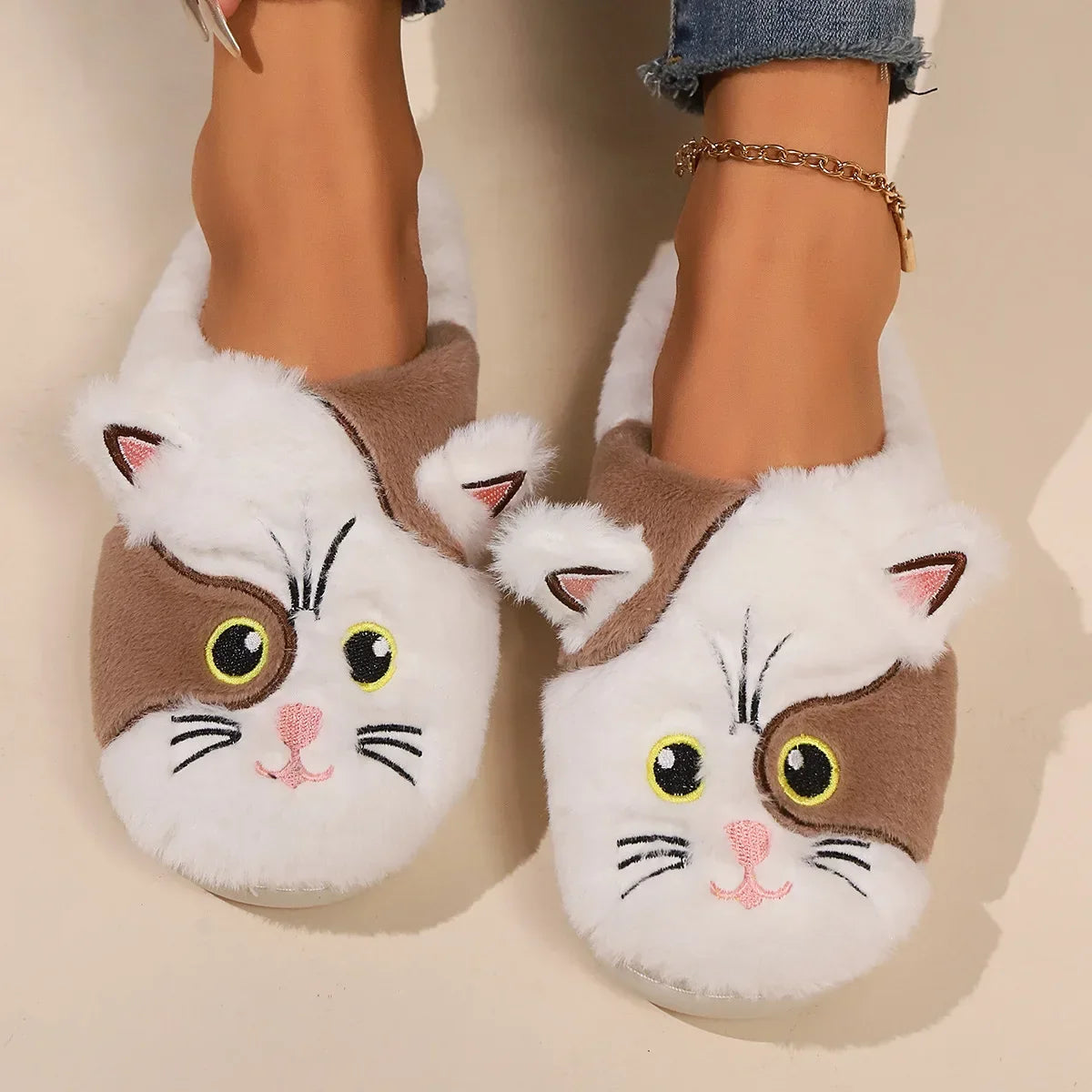 Kawaii Cat Plush Slippers for Women | Cozy Winter Home Shoes