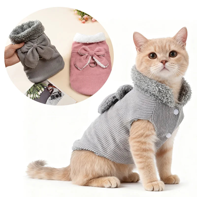 Abrigo de invierno de forro polar suave para gatos y perros | Chaleco con lazo de pana acogedor