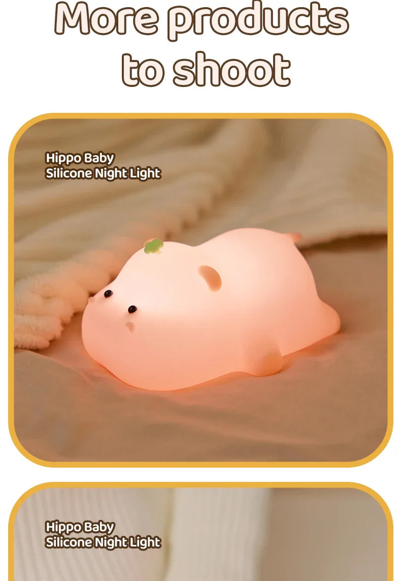 Cute Pink Hippo Night Light | Portable Silicone Kids Lamp