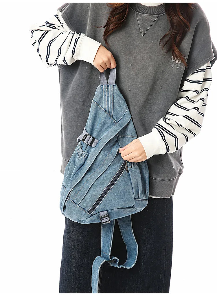 Vintage Washed Denim Sling Bag Man Woman Multifunction Retro Large Capacity Portable Motorcycle Chest Bag