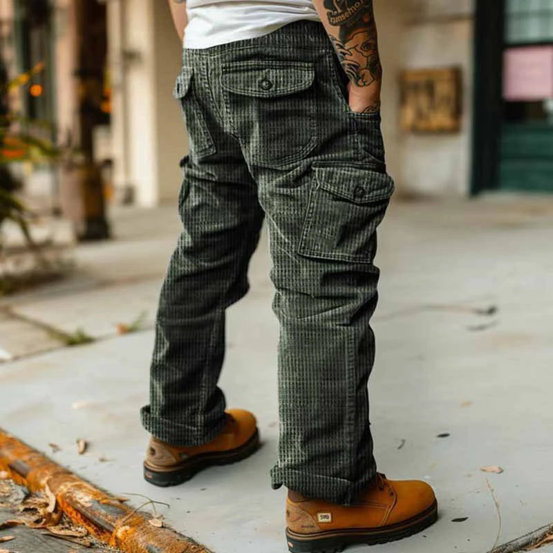 Spring Summer Straight Corduroy Cargo Pants Men Casual Vintage Loose Streetwear Textured Trousers Daily Leisure