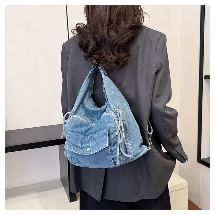 Trendy Solid Color Denim Shoulder Bag | Versatile Women's Crossbody