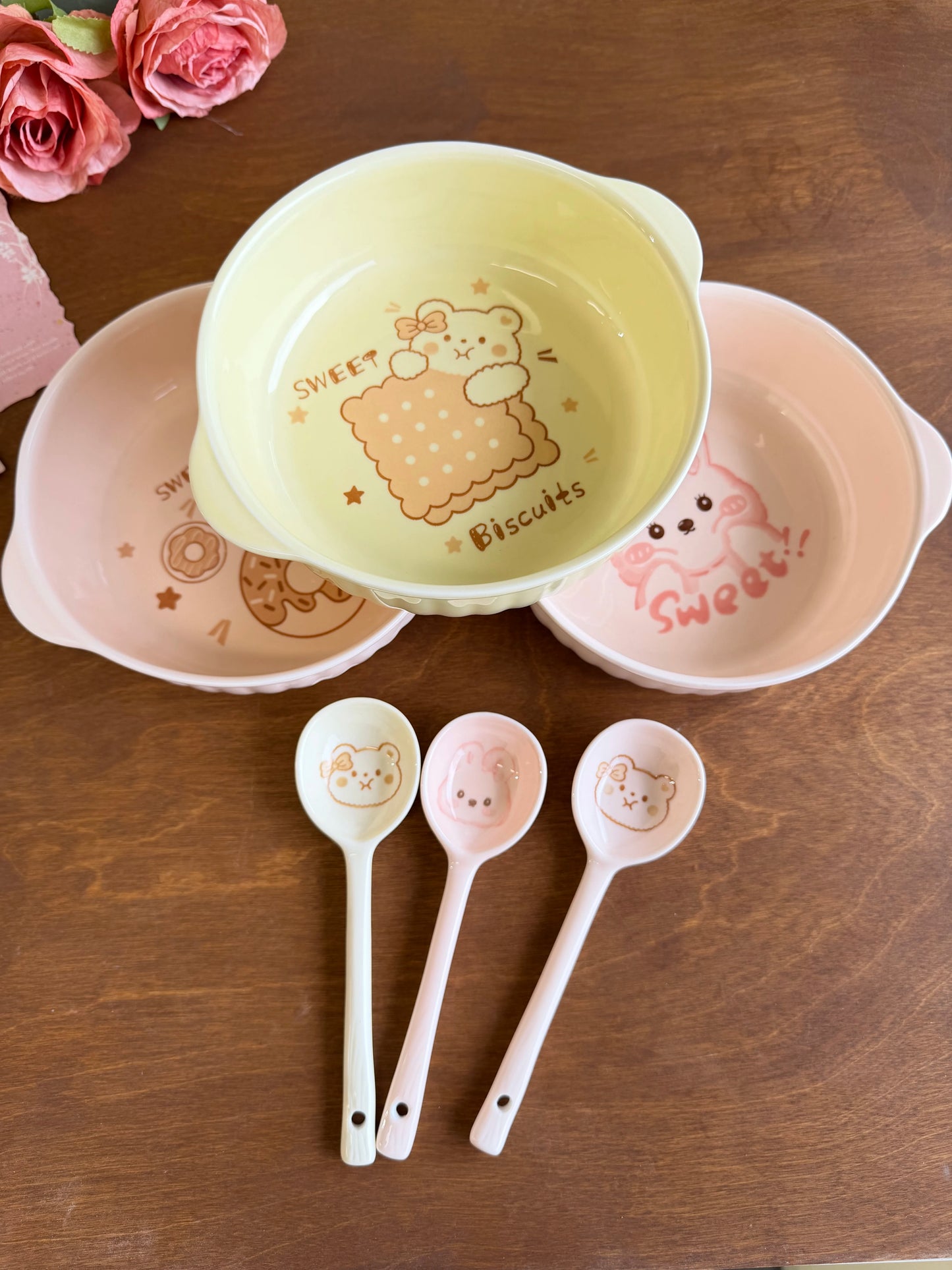 Large-Capacity Ceramic Bowl Set with Handles & Spoon for Kitchen