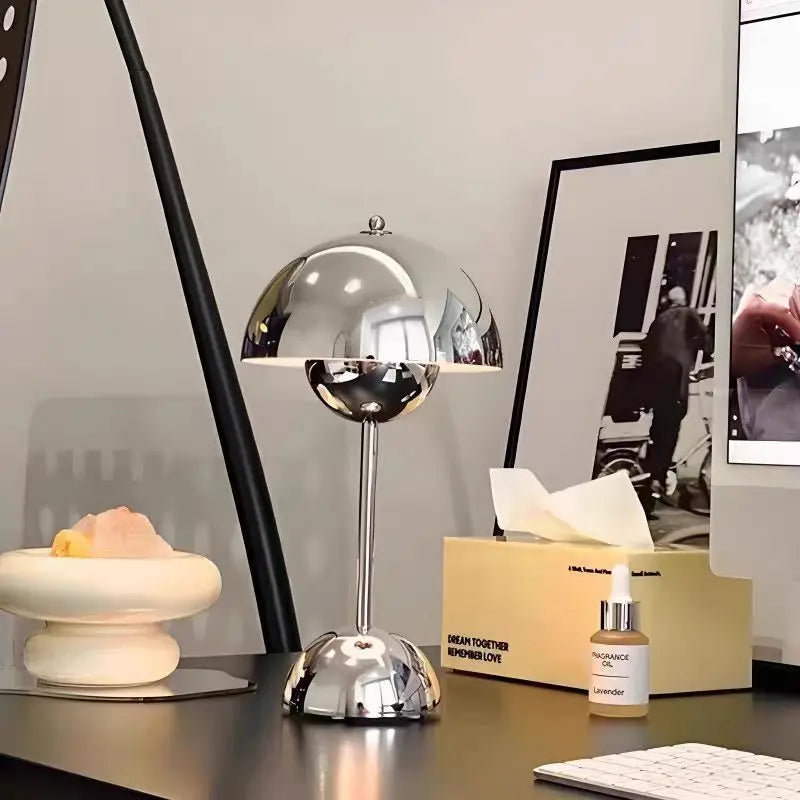 Retro Danish Chrome Flower Bud Table Lamp | Touch Control & USB Rechargeable