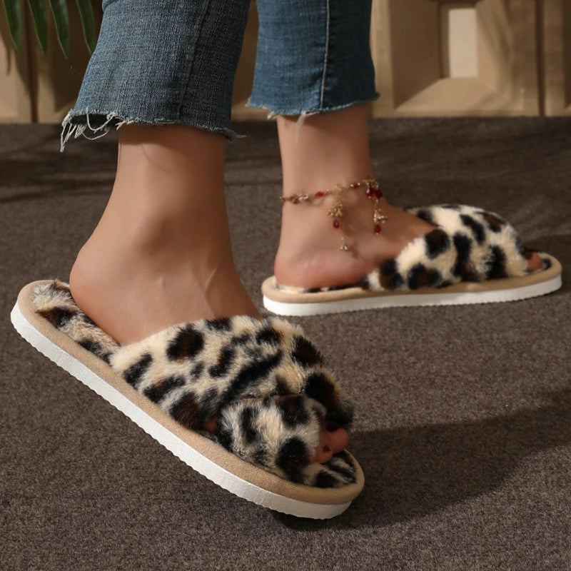 Women's Cross Band Fluffy Plush Slippers | Cozy Indoor House Shoes