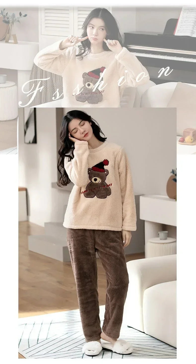 Cozy Cartoon Bear Flannel Loungewear Set for Couples