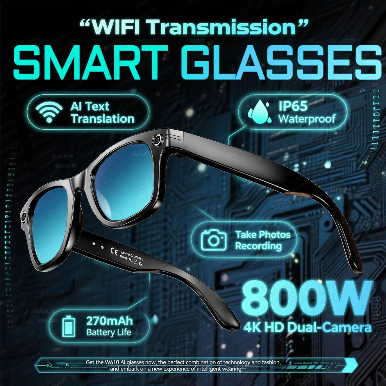 Smart AI Glasses | 8MP Camera, Noise-Cancelling, Waterproof Sunglasses