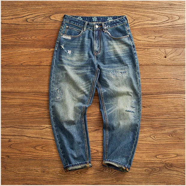 Men's Ripped Vintage Jeans | Casual Heavy Straight Leg Denim
