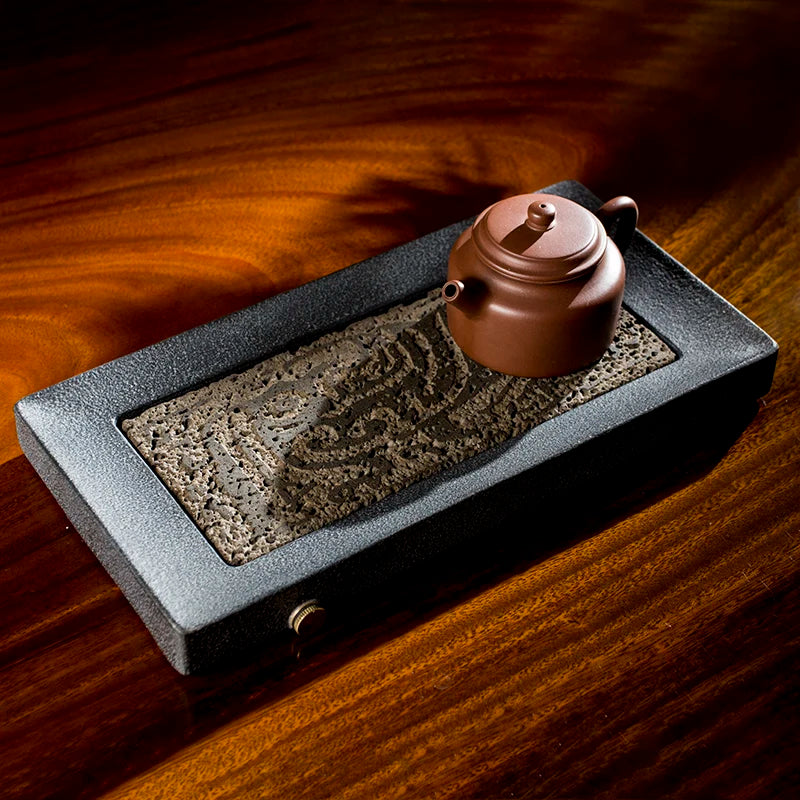 Bandeja de té con tótem de dragón tallado a mano | Elegante decoración volcánica negra
