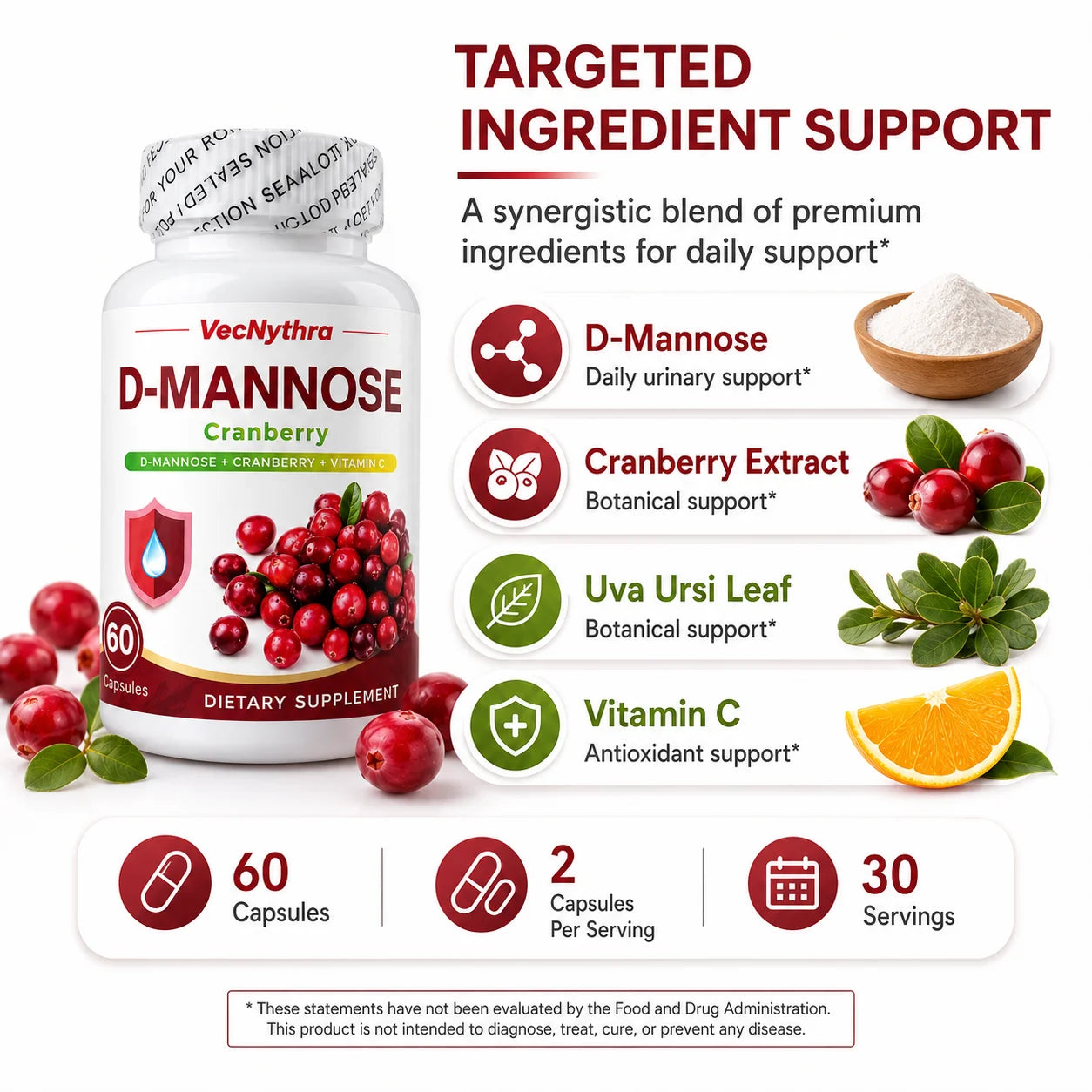 Cranberry D-Mannose Supplement with Vitamin C | 60 Capsules
