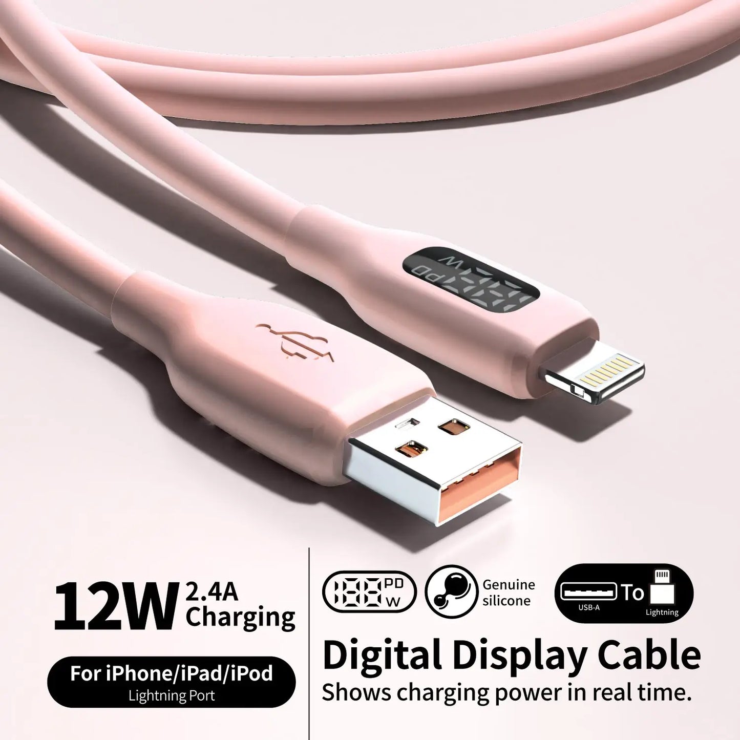 Soft Silicone USB A to Lightning Charging Cable | Macaron Pink