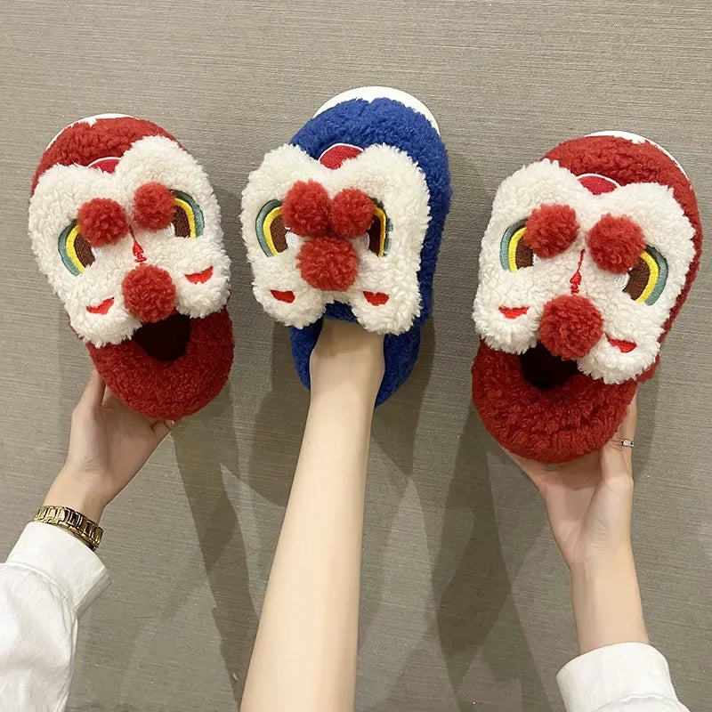 Cute Lion Dance Plush Slippers | Cozy Warm Winter Slides
