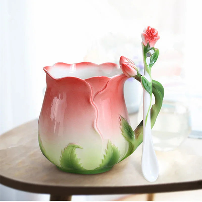 Creative 3D Rose Shape Ceramic Coffee Mug with Spoon - 4 Colors